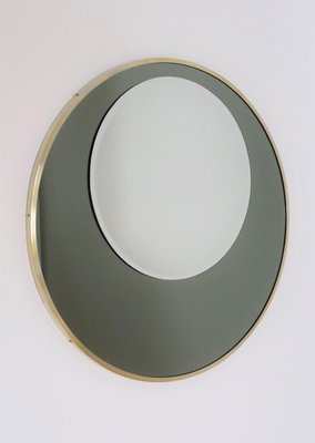 Italian Round Wall Mirror with Double Glass in Olive Green and Brass Frame, 1970s-VNE-966081