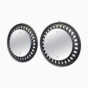 Italian Round Wall Mirrors in Black Wood, 1950s, Set of 2-GDD-1817215