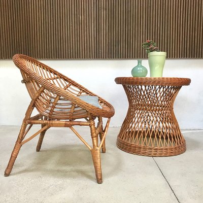 Italian Round Wicker Side Table with Resopal Top, 1950s-JP-762322