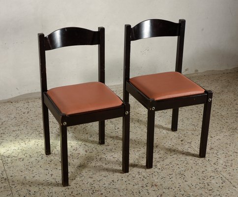 Italian Salmon Leatherette and Dark Wood Dining Chairs, 1980s, Set of 4-RAQ-674480