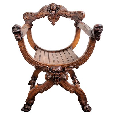 Italian Savonarola Chair in Carved Walnut, 1900-EUP-1437158