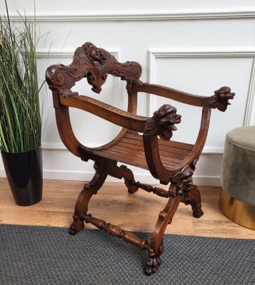 Italian Savonarola Chair in Carved Walnut, 1900-EUP-1437158