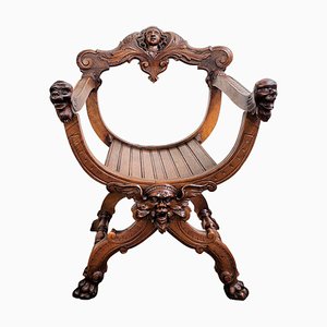 Italian Savonarola Chair in Carved Walnut, 1900-EUP-1437158