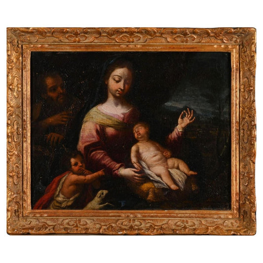 Italian School Artist, Holy Family with St. John the Baptist, 17th Century, Oil on Canvas, Framed