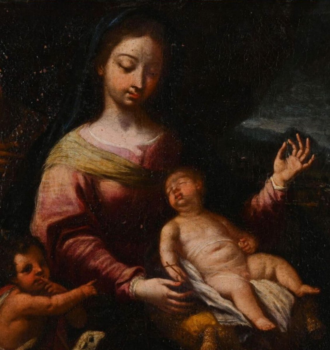 Italian School Artist, Holy Family with St. John the Baptist, 17th Century, Oil on Canvas, Framed