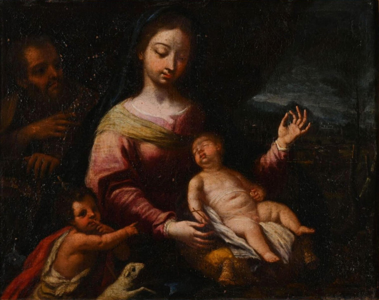 Italian School Artist, Holy Family with St. John the Baptist, 17th Century, Oil on Canvas, Framed