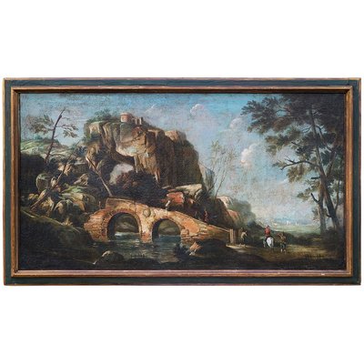 Italian School Artist, Landscape with Bridge and Characters, 1700s, Oil on Canvas-BEW-2042864