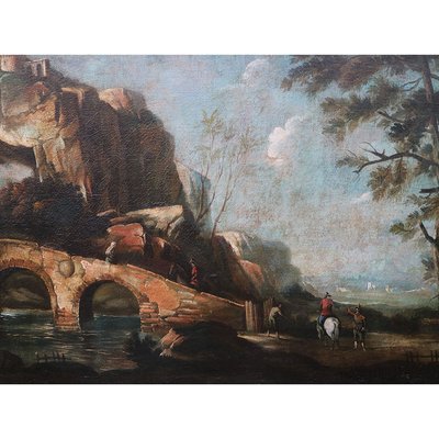 Italian School Artist, Landscape with Bridge and Characters, 1700s, Oil on Canvas-BEW-2042864