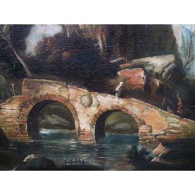 Italian School Artist, Landscape with Bridge and Characters, 1700s, Oil on Canvas-BEW-2042864