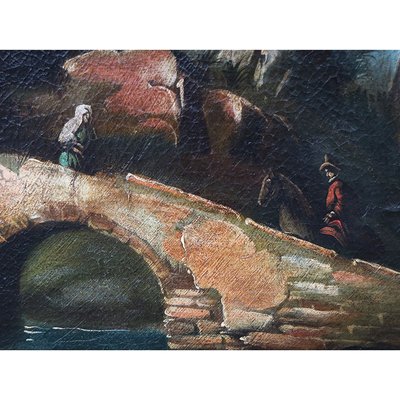 Italian School Artist, Landscape with Bridge and Characters, 1700s, Oil on Canvas-BEW-2042864