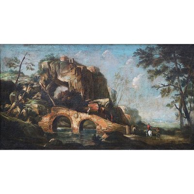 Italian School Artist, Landscape with Bridge and Characters, 1700s, Oil on Canvas-BEW-2042864