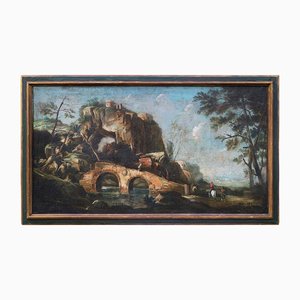 Italian School Artist, Landscape with Bridge and Characters, 1700s, Oil on Canvas-BEW-2042864