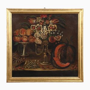 Italian School Artist, Still Life with Flowers, Fruit and Goldfinch, 1700s, Oil on Canvas, Framed-VMM-1389046