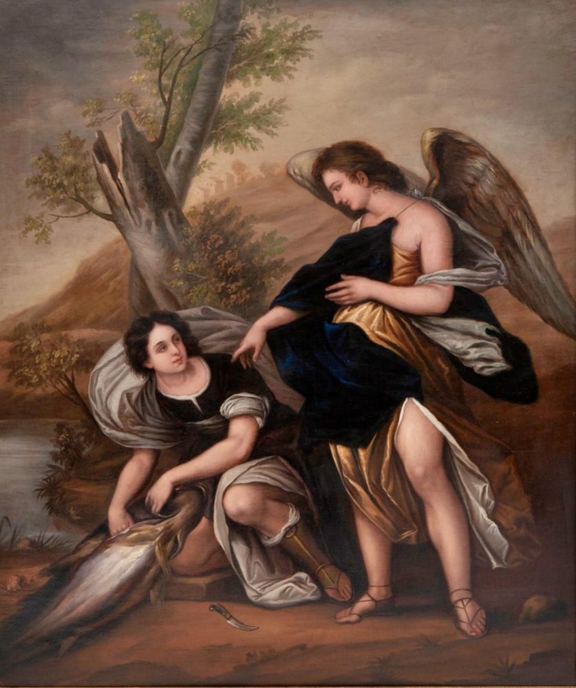 Italian School Artist, Tobias and the Archangel Rafael, 18th Century, Oil on Canvas, Framed