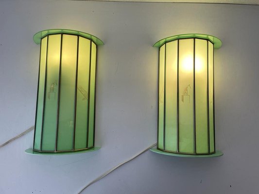 Italian Sconces in Green Glass with Cat and Dog Illustrations, 1950s-RDS-1316645