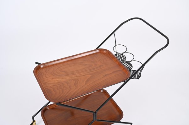 Italian Serving Bar Cart with Bottle Holder in Wood, Metal and Brass, Italy, 1960s-JDR-1790146