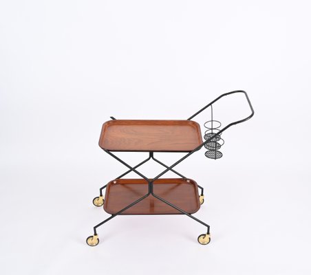 Italian Serving Bar Cart with Bottle Holder in Wood, Metal and Brass, Italy, 1960s-JDR-1790146