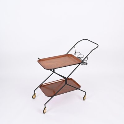 Italian Serving Bar Cart with Bottle Holder in Wood, Metal and Brass, Italy, 1960s-JDR-1790146