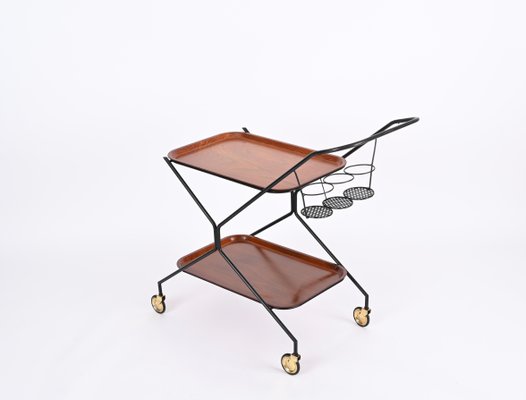 Italian Serving Bar Cart with Bottle Holder in Wood, Metal and Brass, Italy, 1960s-JDR-1790146