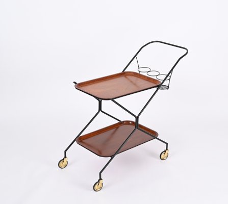 Italian Serving Bar Cart with Bottle Holder in Wood, Metal and Brass, Italy, 1960s-JDR-1790146