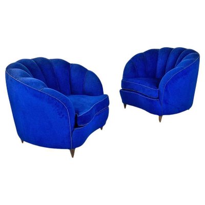 Italian Shell Armchairs in Electric Blue Fabric and Wooden Legs, 1950s, Set of 2-GDD-1777391