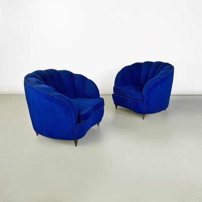 Italian Shell Armchairs in Electric Blue Fabric and Wooden Legs, 1950s, Set of 2-GDD-1777391