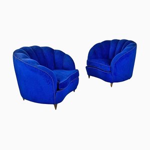 Italian Shell Armchairs in Electric Blue Fabric and Wooden Legs, 1950s, Set of 2-GDD-1777391