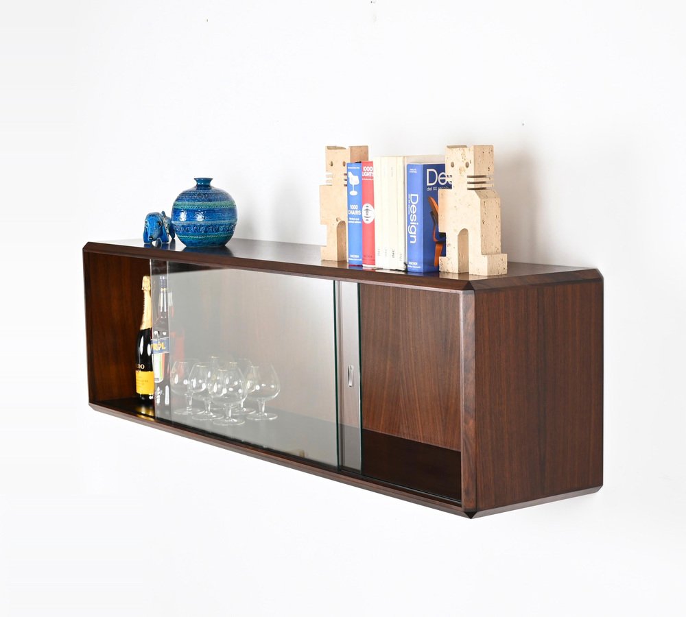 Italian Showcase in Wood with Sliding Glass by Dino Cavalli, 1970s