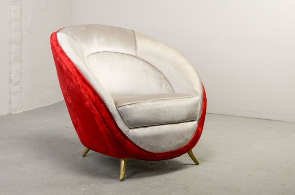 Italian Silver & Cherry Red Velvet Lounge Chair with Brass Feet by Guglielmo Veronesi for ISA Bergamo, 1950s-IXC-895905