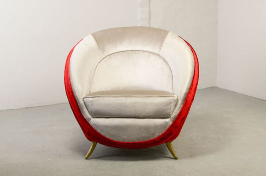 Italian Silver & Cherry Red Velvet Lounge Chair with Brass Feet by Guglielmo Veronesi for ISA Bergamo, 1950s