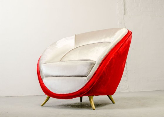 Italian Silver & Cherry Red Velvet Lounge Chair with Brass Feet by Guglielmo Veronesi for ISA Bergamo, 1950s-IXC-895905