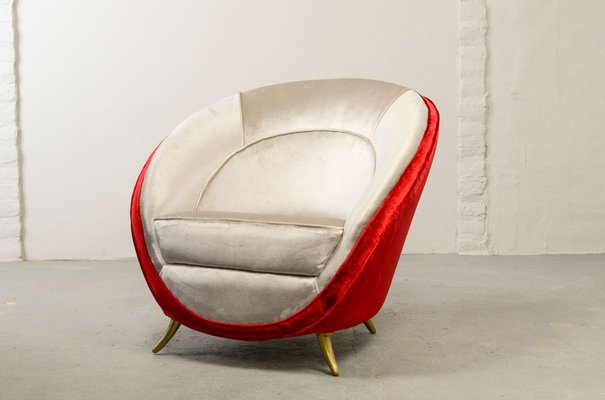 Italian Silver & Cherry Red Velvet Lounge Chair with Brass Feet by Guglielmo Veronesi for ISA Bergamo, 1950s-IXC-895905