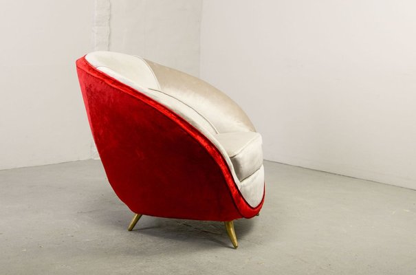 Italian Silver & Cherry Red Velvet Lounge Chair with Brass Feet by Guglielmo Veronesi for ISA Bergamo, 1950s-IXC-895905