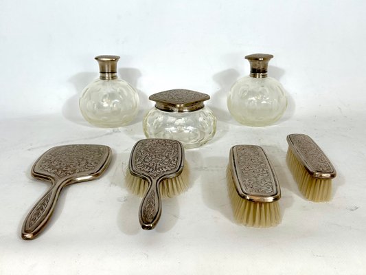 Italian Silver Plated and Blown Murano Glass Bathroom Set, 1940s, Set of 7-OT-1335629