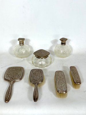 Italian Silver Plated and Blown Murano Glass Bathroom Set, 1940s, Set of 7-OT-1335629