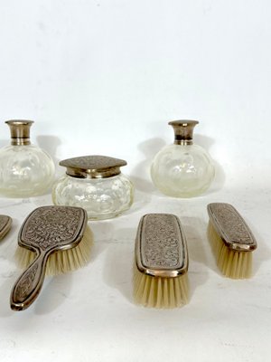 Italian Silver Plated and Blown Murano Glass Bathroom Set, 1940s, Set of 7-OT-1335629