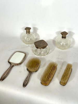 Italian Silver Plated and Blown Murano Glass Bathroom Set, 1940s, Set of 7-OT-1335629