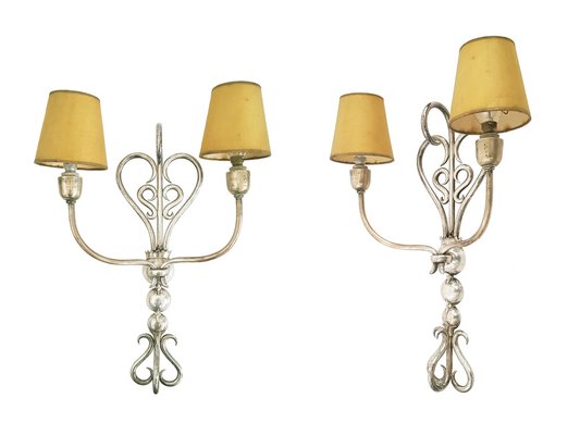 Italian Silver-Plated Brass Sconces, 1930s, Set of 2-RD-1754368