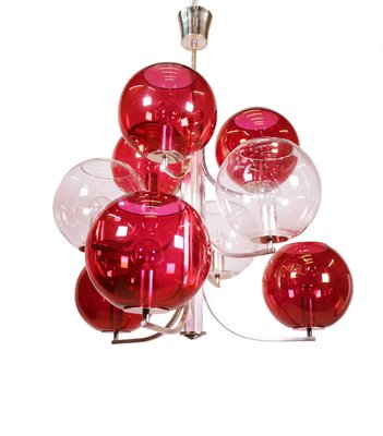 Italian Silver-Plated Sputnik Chandelier with Cranberry Murano Glass Globes, 1960s-DEK-932724