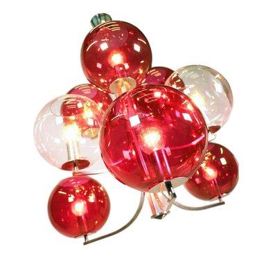 Italian Silver-Plated Sputnik Chandelier with Cranberry Murano Glass Globes, 1960s-DEK-932724