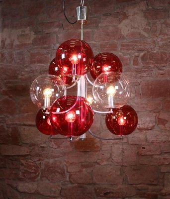 Italian Silver-Plated Sputnik Chandelier with Cranberry Murano Glass Globes, 1960s-DEK-932724