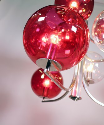 Italian Silver-Plated Sputnik Chandelier with Cranberry Murano Glass Globes, 1960s-DEK-932724