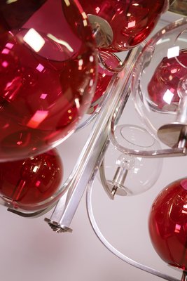 Italian Silver-Plated Sputnik Chandelier with Cranberry Murano Glass Globes, 1960s-DEK-932724