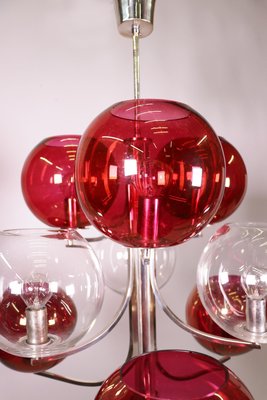 Italian Silver-Plated Sputnik Chandelier with Cranberry Murano Glass Globes, 1960s-DEK-932724