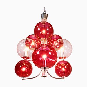 Italian Silver-Plated Sputnik Chandelier with Cranberry Murano Glass Globes, 1960s-DEK-932724