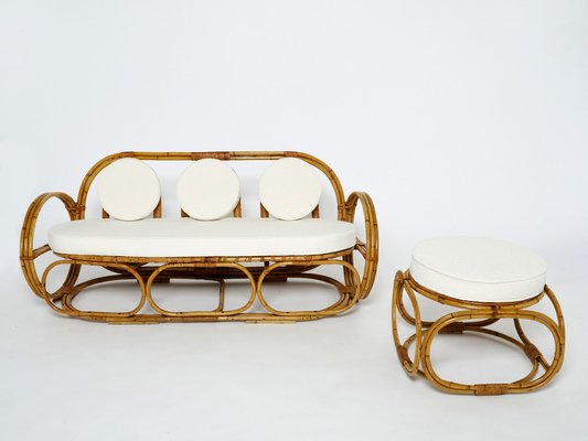 Italian Sofa and Stool in Bamboo with Bouclé Fabric, 1960s, Set of 2-YJA-1279597