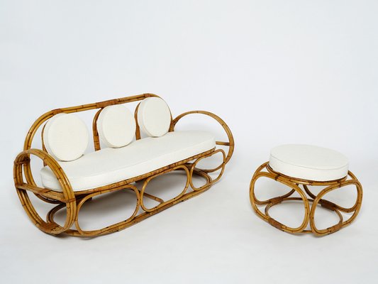 Italian Sofa and Stool in Bamboo with Bouclé Fabric, 1960s, Set of 2-YJA-1279597