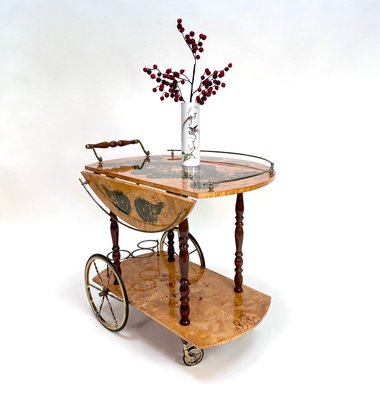 Italian Sorrento Wood Marquetry Serving Bar Cart with Ornate Brass Details and Foldable Table Top, 1930s-JP-2016358