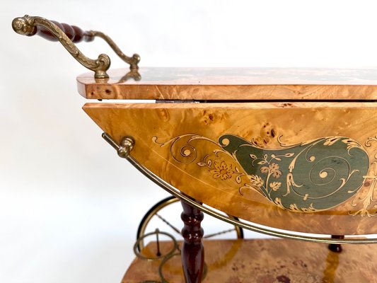 Italian Sorrento Wood Marquetry Serving Bar Cart with Ornate Brass Details and Foldable Table Top, 1930s-JP-2016358