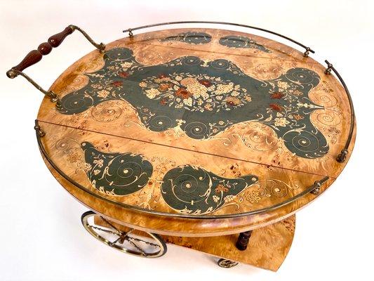 Italian Sorrento Wood Marquetry Serving Bar Cart with Ornate Brass Details and Foldable Table Top, 1930s-JP-2016358